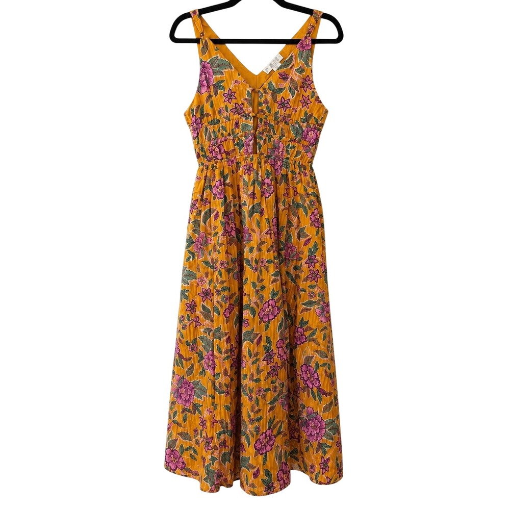 Caroline Constas Marigold Yellow Floral‎ Keyhole Smocked Maxi Dress 6